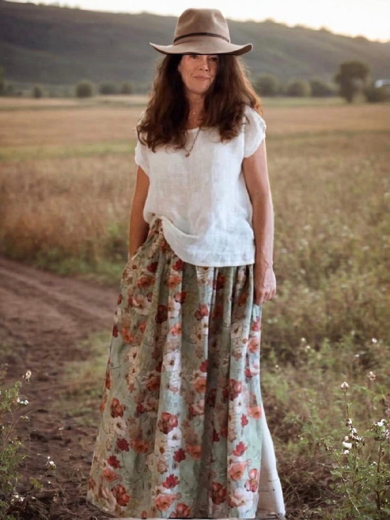 Layla Linen Maxi Skirt - Sage Poppies