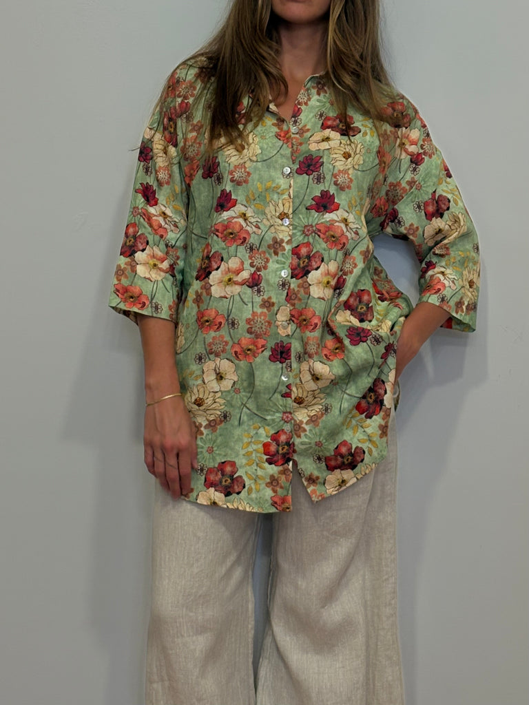 Jules Linen Shirt - Sage Poppy