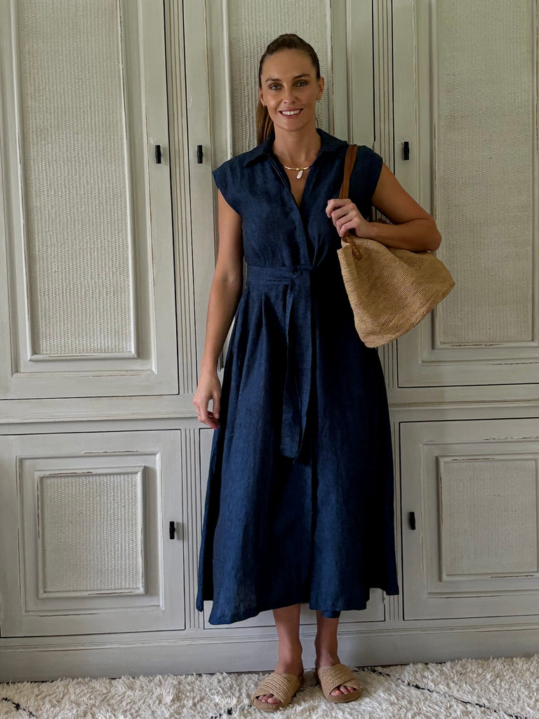 Taylor Linen Dress- Navy Chambray