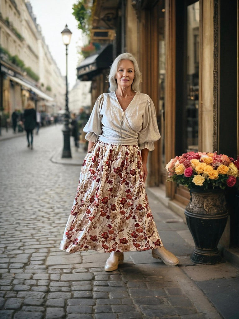 Layla Linen  Maxi Skirt - Red Poppies