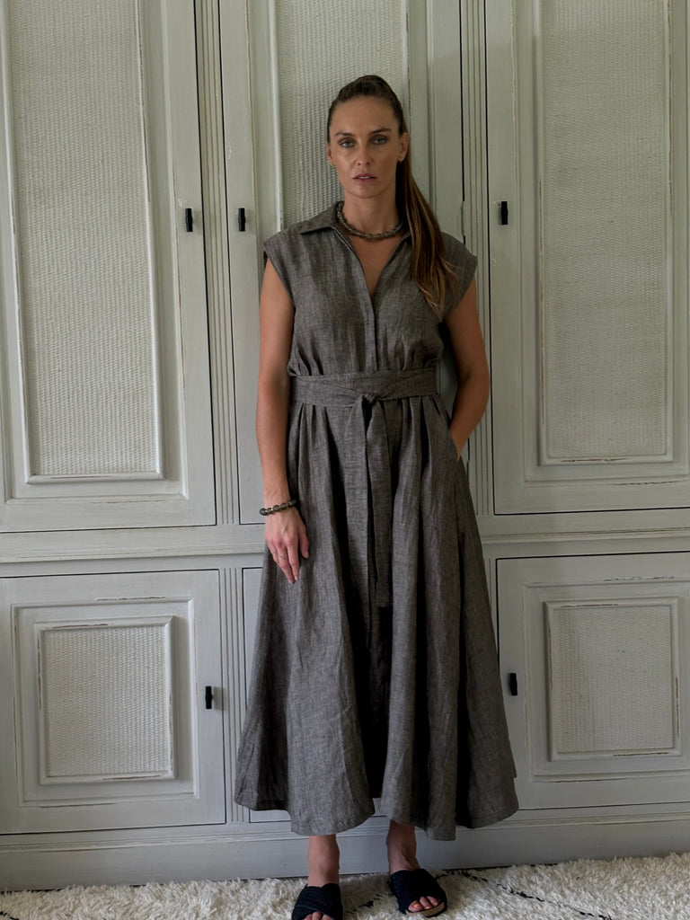 Taylor Linen Dress- Latte Chambray