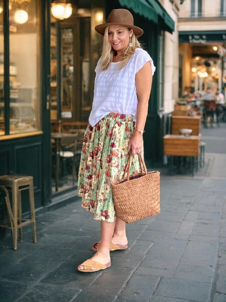 Layla Linen Midi Skirt - Sage Poppies